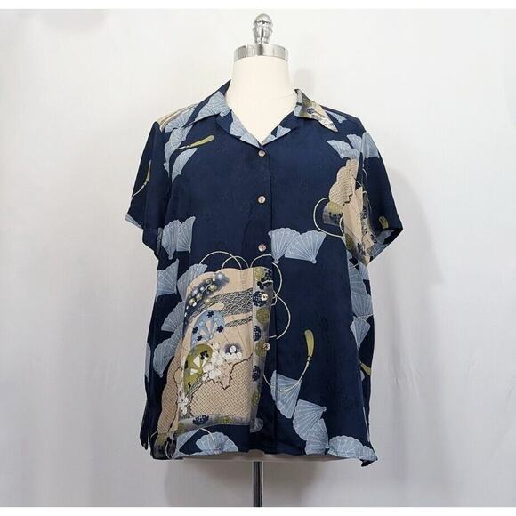 Citron Tops - Citron Santa Monica Tunic Top Blue Silk Asian Fan Floral Print Women's Size 3X